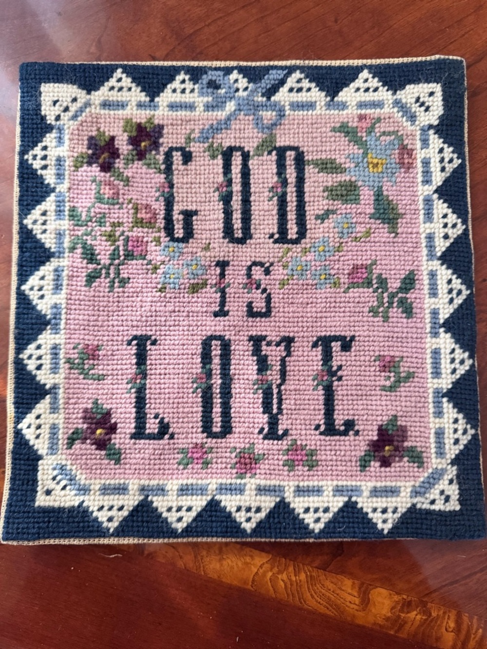 God Is Love Pink Cross-Stitch Wall Hanging